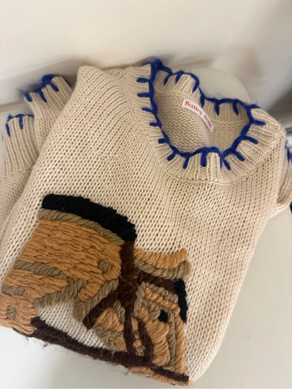 Bailey Rose Cream Knit Horse Stitching Sweater with Blue Trim S - Picture 3 of 3